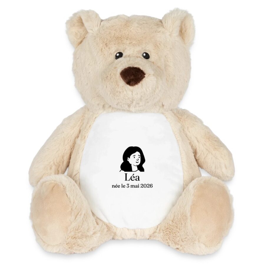 Peluche ourson personnalisée, coloris blanc marron moyen, en situation